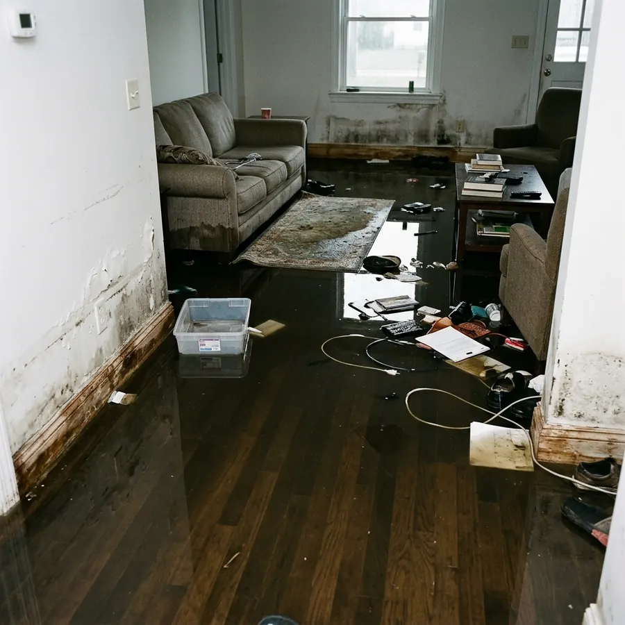 Illustration: flooded living room before restoration
